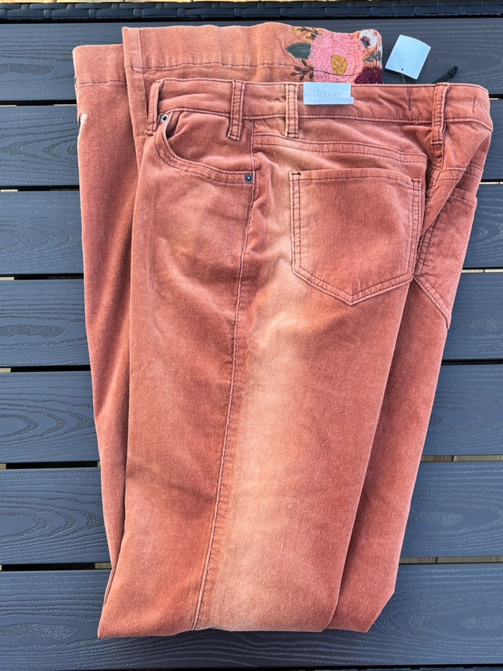 Rust Corduroy Boot-Cut Pants with Floral Embroidery - Picture 7 of 12
